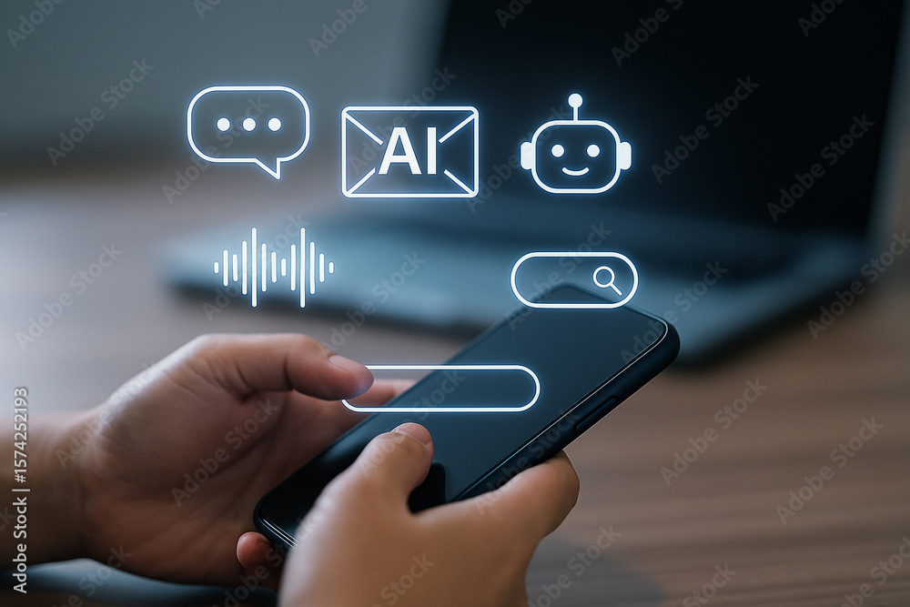 Poster using ai chatbot on smartphone for assistance and communication with artificial intelligence bot app