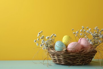 Easter basket with colorful eggs on table against yellow background