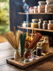 Spiritual imagery of incense sticks arranged with spices and herbs in a tranquil environment.