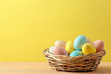 Easter basket with colorful eggs on table against yellow background