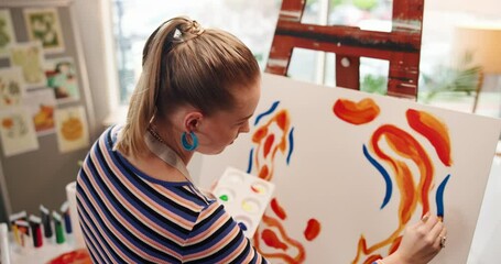 Woman, back and artist with swatch, canvas and design with talent, inspiration or color in studio. Person, painter and easel with pattern, stroke and perspective for creative process at workshop - Powered by Adobe