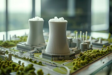 Detailed miniature nuclear power plant emitting steam, showcasing industrial design and energy generation