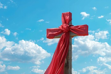 A red cloth is wrapped around the cross, symbolizing Jesus' death on Easter