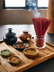 Incense sticks and aromatic materials captured in a peaceful still life with earthy tones.