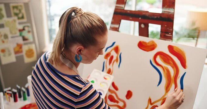 Woman, back and artist with swatch, canvas and design with talent, inspiration or color in studio. Person, painter and easel with pattern, stroke and perspective for creative process at workshop