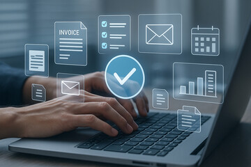 Automate invoice processing workflow with digital document management software on laptop screen now online
