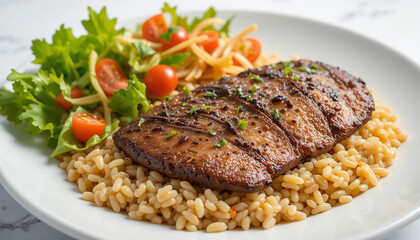 A serving of meat atop rice, accompanied by a colorful mix of vegetables