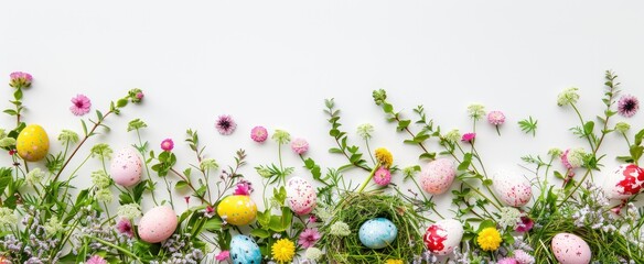 Easter grass border with colorful eggs in nest and spring flowers on white background