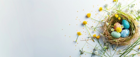 Easter grass border with colorful eggs in nest and spring flowers on white background