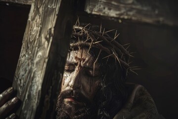 Jesus carrying the cross, illustration style, full body shot, close-up of face, dark background