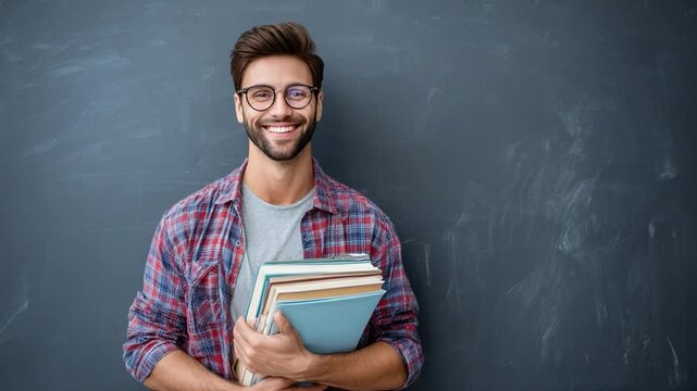 Educator's Smile: A smiling educator, spectacles perched upon their nose, is holding a stack of books, with blackboard background. The image radiates intellectual optimism.