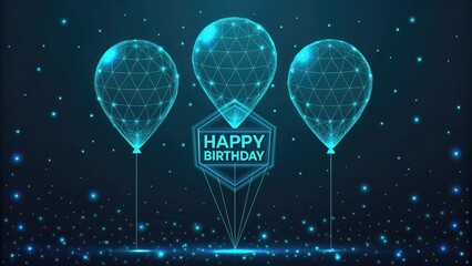 Futuristic cyberpunk happy birthday greeting with glowing digital balloons