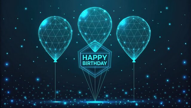 Futuristic cyberpunk happy birthday greeting with glowing digital balloons