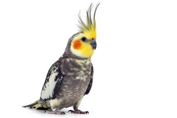 A grey and yellow cockatiel is isolated on white background