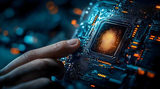 Closeup view of a futuristic biometric identification system with a transparent touchscreen interface scanning and recognizing a human fingerprint