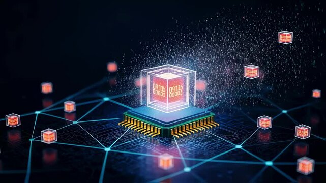 Networked computer cores with vibrant byte streams symbolizing technological advancement.