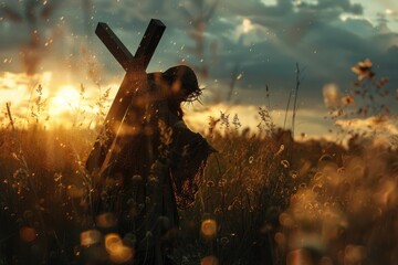 Jesus carrying the cross, illustration style, full body shot, close-up of face, dark background