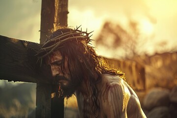 Jesus carrying the cross, illustration style, full body shot, close-up of face, dark background