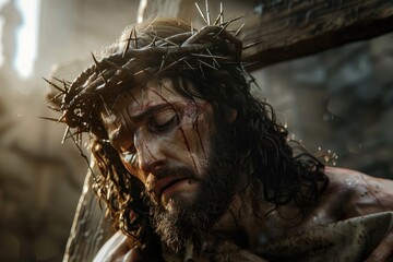 Jesus carrying the cross, illustration style, full body shot, close-up of face, dark background