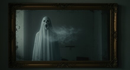 Haunted mirror reflection of screaming ghost with foggy atmosphere in antique frame on Halloween