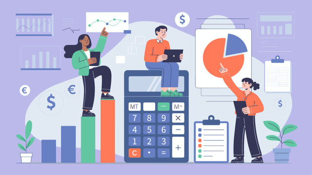 team of accountants analyzing data on a giant calculator, vector illustration for team collaboration in financial planning, business accounting and corporate data analysis