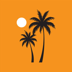 Tropical Sunset Palm Tree Silhouettes on Orange Background.  tropical, sunset, or vacation theme