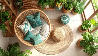 Elevated View of a Tranquil, Boho-Chic Indoor Oasis