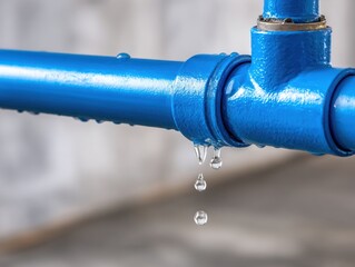 Close-up of a blue PVC pipe leaking water droplets, illustrating plumbing issues, water waste, and maintenance problems.