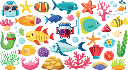 Fototapeta premium Vibrant Underwater World Colorful Fish, Coral Reefs, and Ocean Life Illustrations