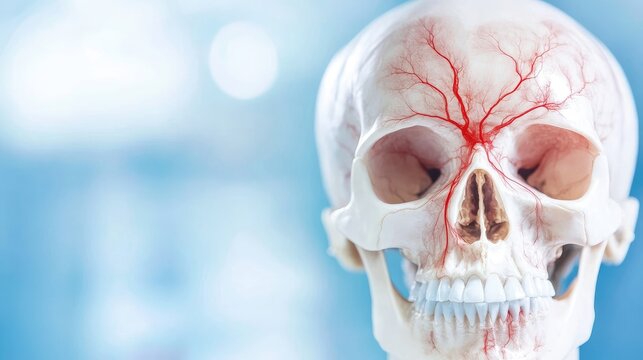 Human skull with blood vessels on a blurred background, depicting vascularization