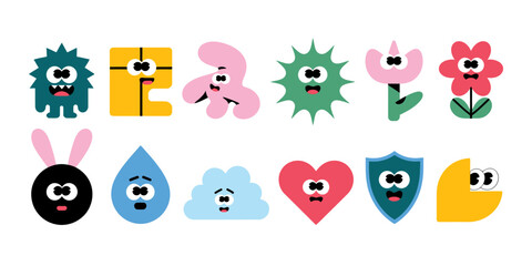 Fototapeta premium Playful Shapes' Expressions: A delightful array of animated shape creatures bursts with cheerful faces and unique, expressive characters against a minimalistic background, igniting imagination.