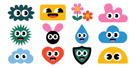 Fototapeta premium Whimsical Geometric Characters: A vibrant collection of charming, cartoonish geometric characters, each with unique expressions, bringing a sense of playfulness and creativity.
