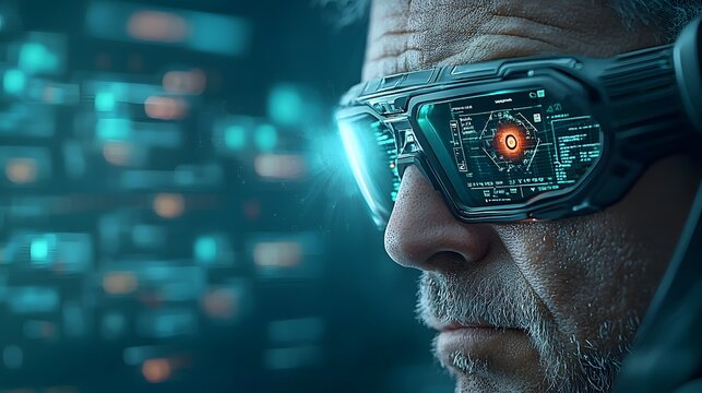 Close up of a retina scanning device used at an airport checkpoint featuring a futuristic digital display and blue green lighting