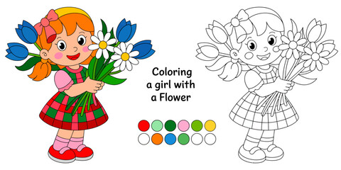 Fototapeta premium A Little Girl and the flower: a colorful girl with a bright dress holding bouquet of flower, the scene full of child's joy.