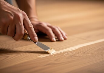 Hands applying wood filler with putty knife on wooden surface for repair and restoration