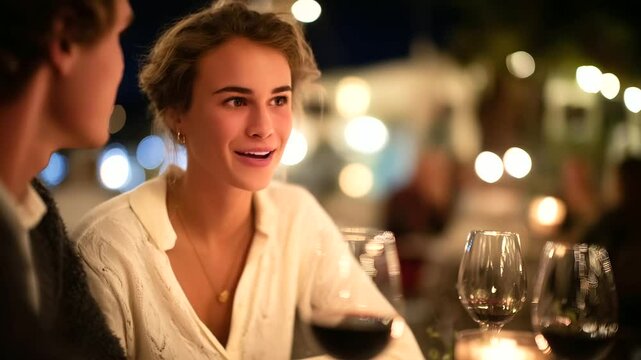 A romantic candlelit dinner between a couple, warm smiles reflected in wine glasses