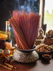 Colorful bundles of incense sticks displayed with aromatic materials in traditional wellness compositions.