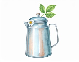 Watercolor Illustration Of A Light Blue Metal Teapot With Daisy Flower