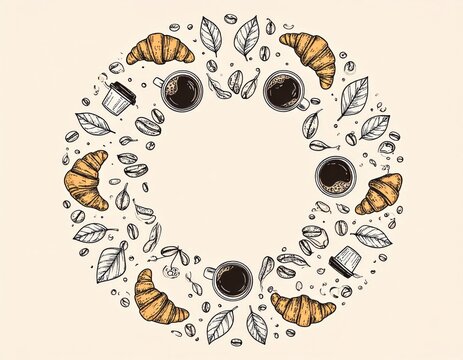 Hand Drawn Coffee And Croissant Circle Frame