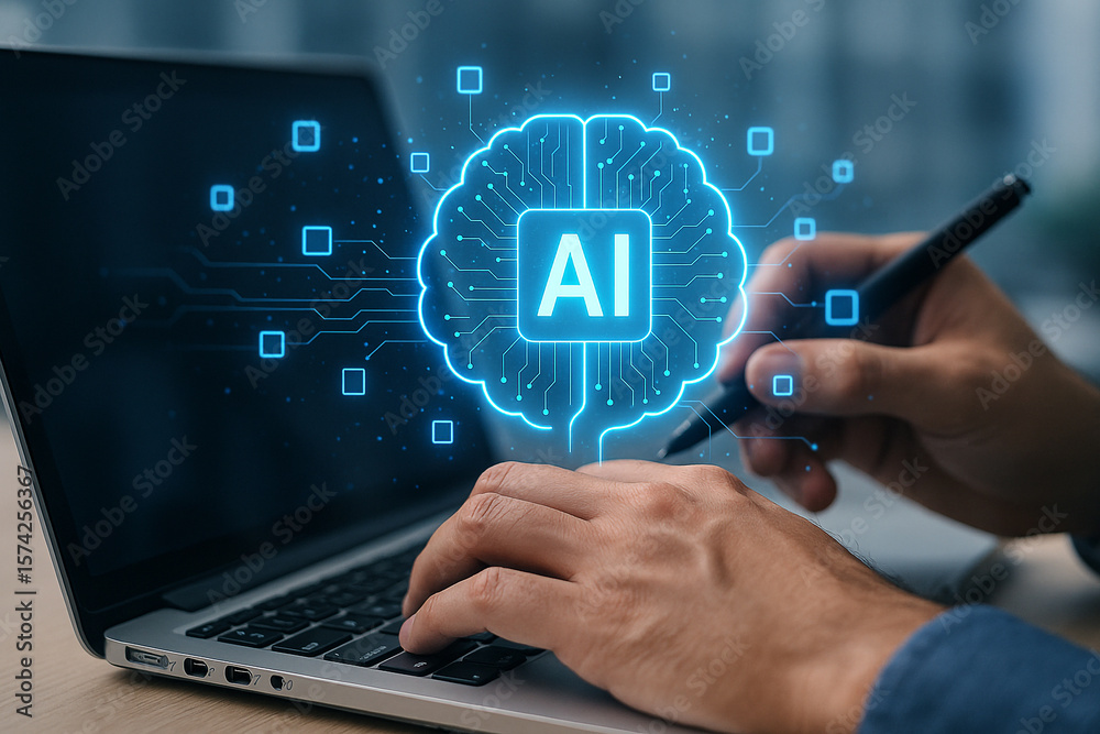 Poster artificial intelligence ai concept on laptop screen for machine learning and neural network technolo