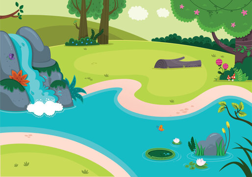 Cartoon Forest River Landscape - Nature Background for Kids