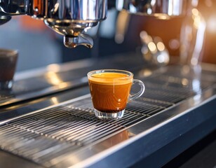 Espresso In Glass Cup On Coffee Machine