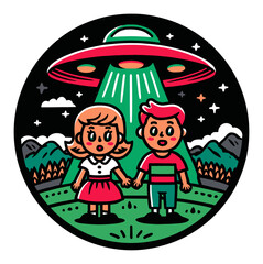 Cartoon Children Witnessing UFO Abduction in Colorful Scene