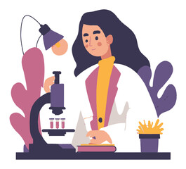 Scientist Working in Laboratory with Microscope and Test Tubes