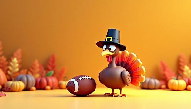 Thanksgiving turkey cartoon with regby ball. Space for text. Thanksgiving and regby