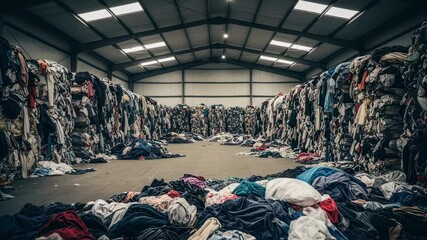 Mountains of used clothing are waiting to be processed inside a large warehouse, representing the global challenge of textile waste and the need for sustainable solutions - Powered by Adobe