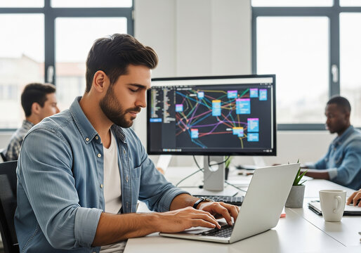 Focused young man programming in modern office with diverse team and computer screens