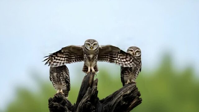 Three spotted owlets perched on a tree branch with one spreading its wings in a nature scene
