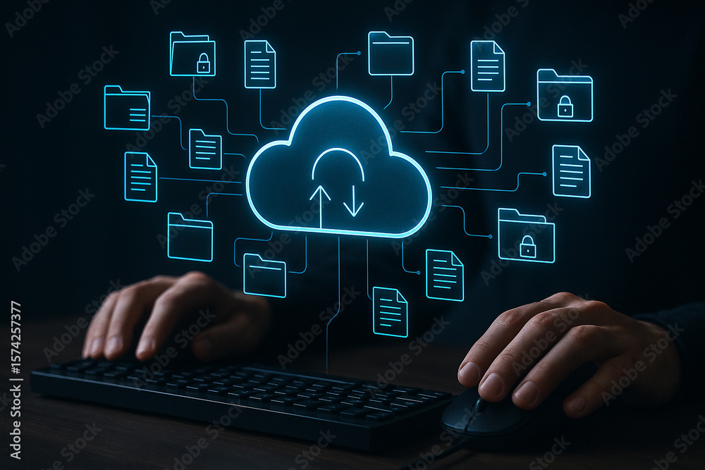 Poster cloud computing data storage online backup secure file sharing and management system technology conc