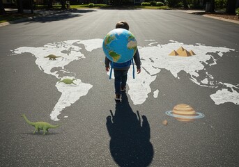 Fototapeta premium Child walking on world map street mural with dinosaur and planet illustrations